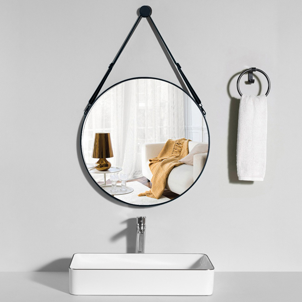 Living and Home Retro Round Hanging Mirror with Strap 60cm Image 2