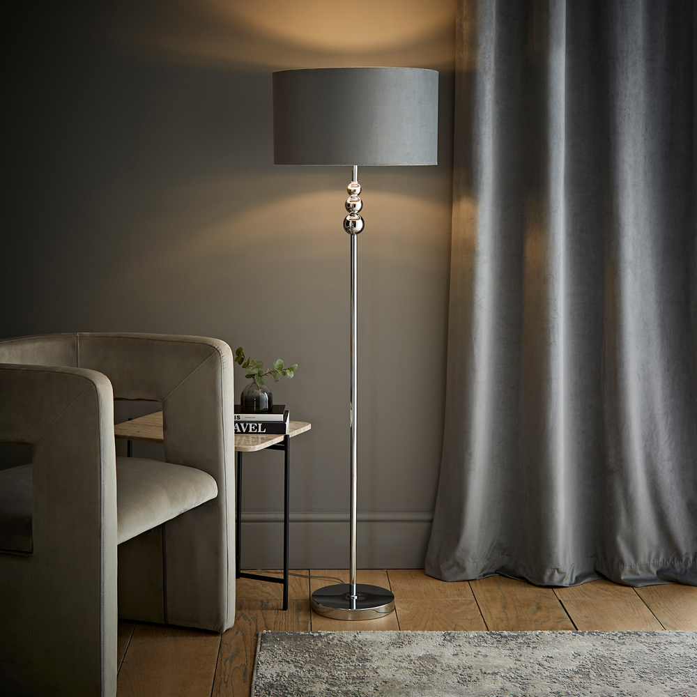 ValueLight Marissa Grey Velvet Chrome Inner Shade Chrome Stacked Ball LED Floor Lamp Image 2