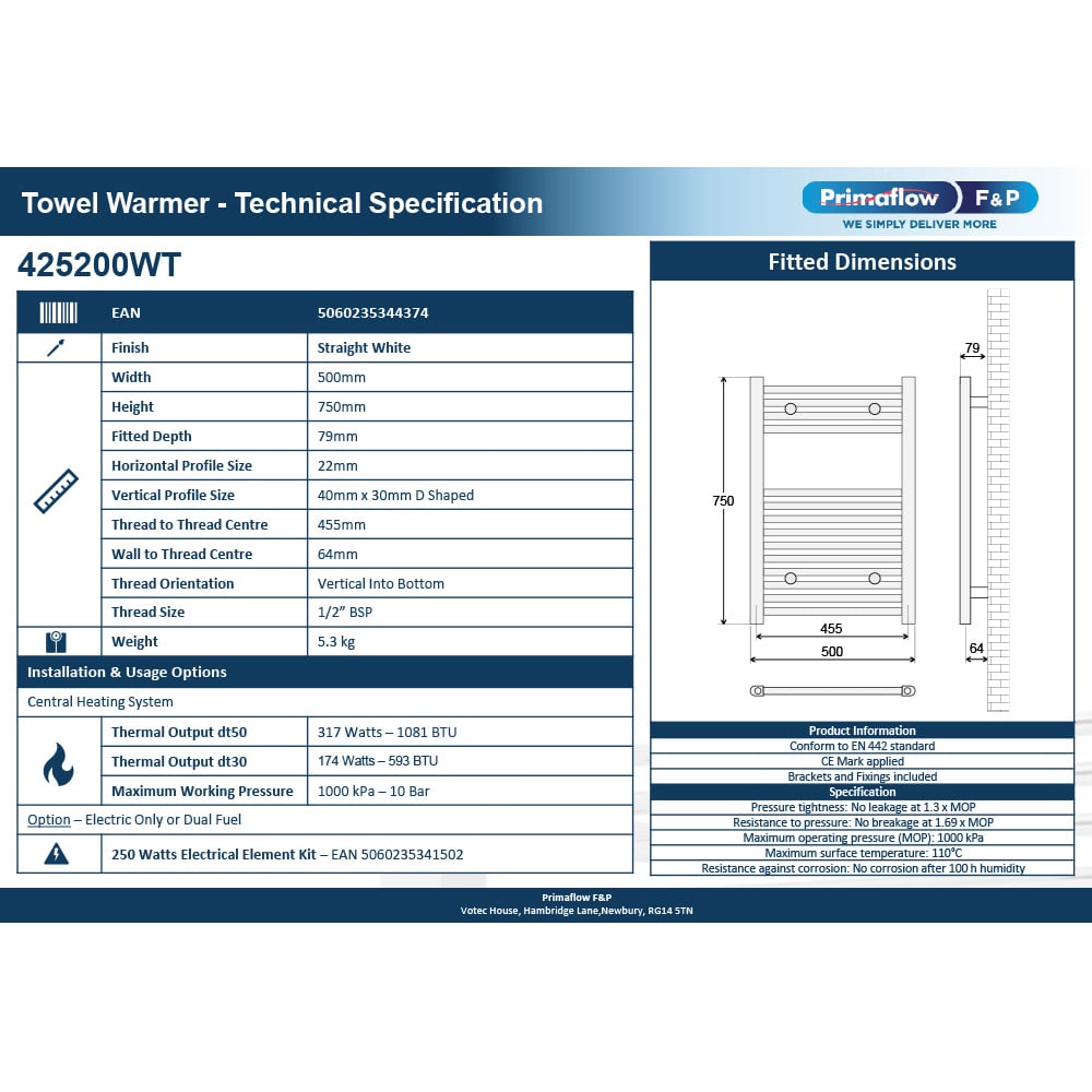 Prorad 2 White Straight Towel Rail 500 x 750mm Image 2