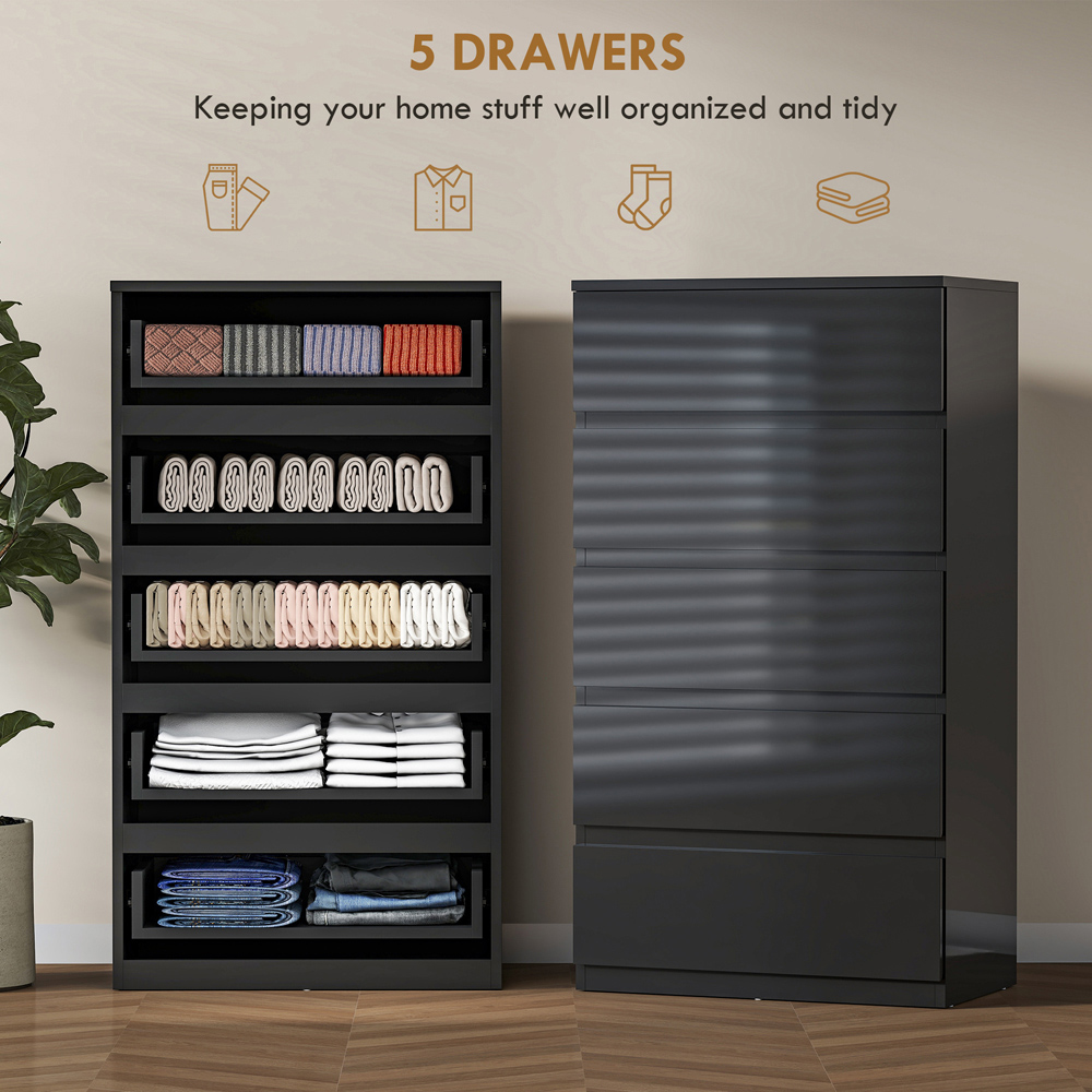 Portland 5 Drawer High Gloss Black Chest of Drawers Image 5