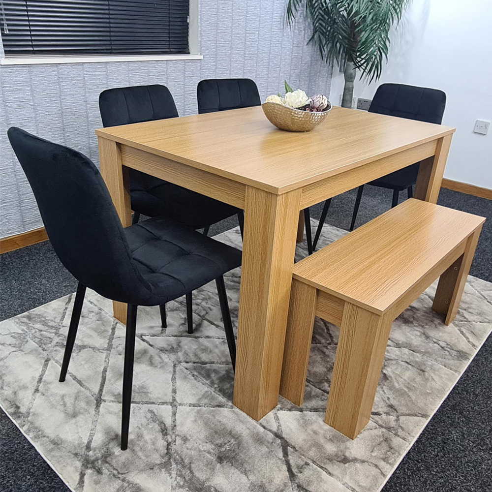 Portland 6 Seater Square Velvet Dining Table Set Oak Effect and Black Image 1