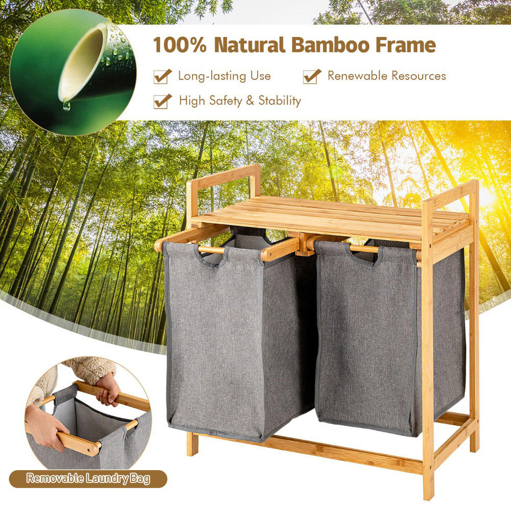 Costway Single Shelf Natural Bamboo Laundry Hamper Image 6