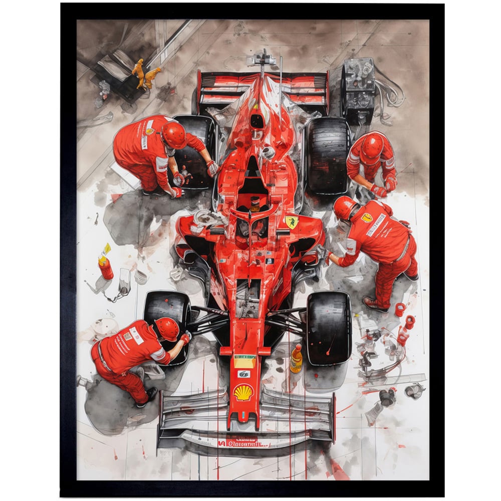Artery8 Grand Prix Race Car Wheel Change Aerial Shot Framed Wall Art Print 30 x 41cm Image 1