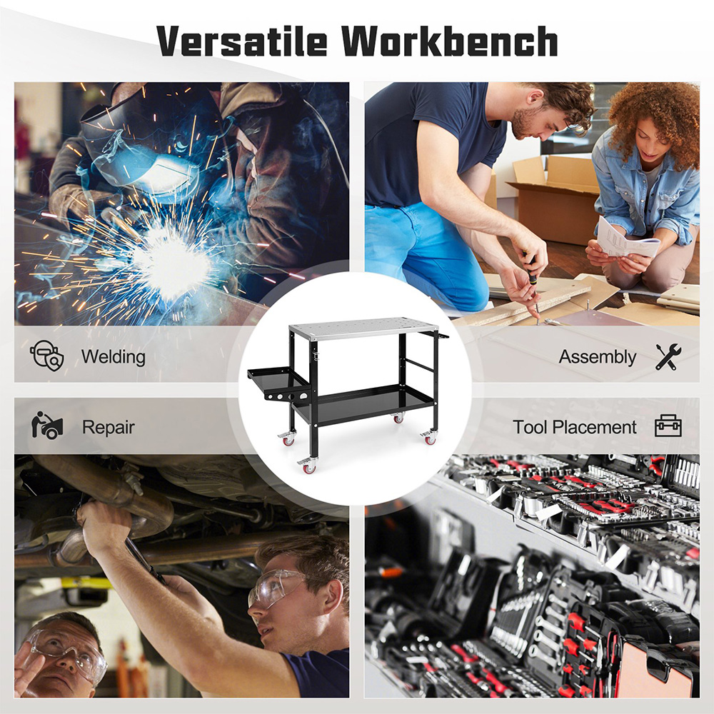Costway Single Shelf 2 Tray Black Welding Table Workbench with Wheels Image 6