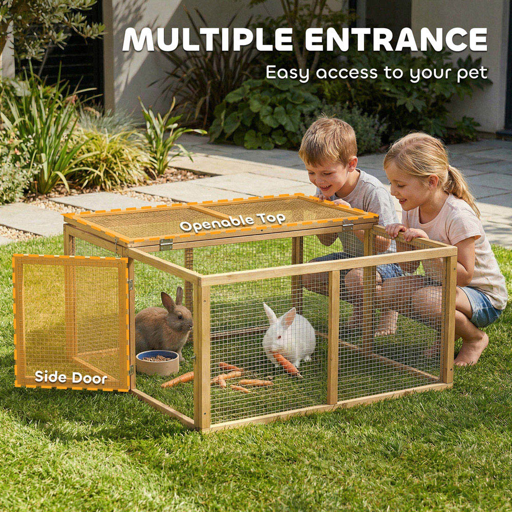 PawHut Natural Folding Wooden Rabbit Hutch with Openable Top Image 5