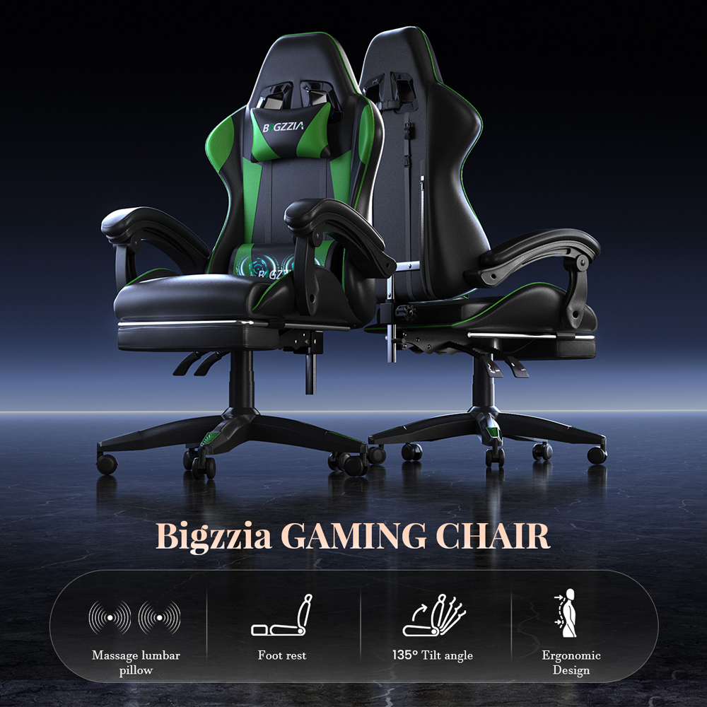 Rattrix Green Reclining Gaming Chair with Massage Lumbar Cushion and Footrest Image 3
