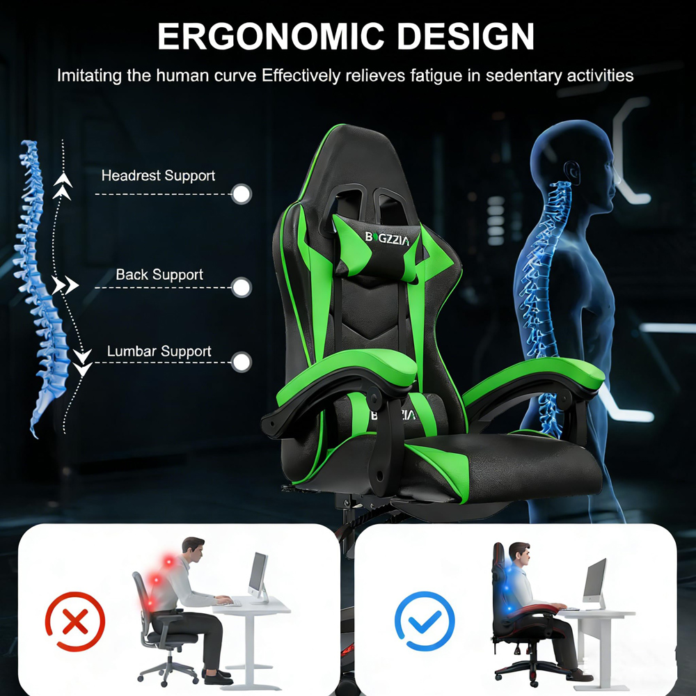 Rattrix Green Ergonomic High Back Gaming Chair with Bluetooth 5.3 Stereo Speakers Image 3