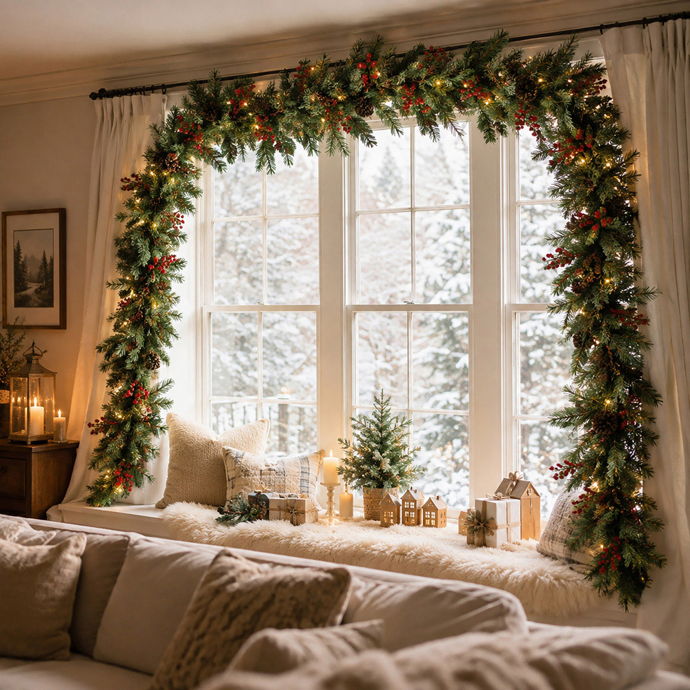 Abrihome 50 Warm White LED Artificial Christmas Garland with Tips Pinecones and Red Berries 270cm Image 3