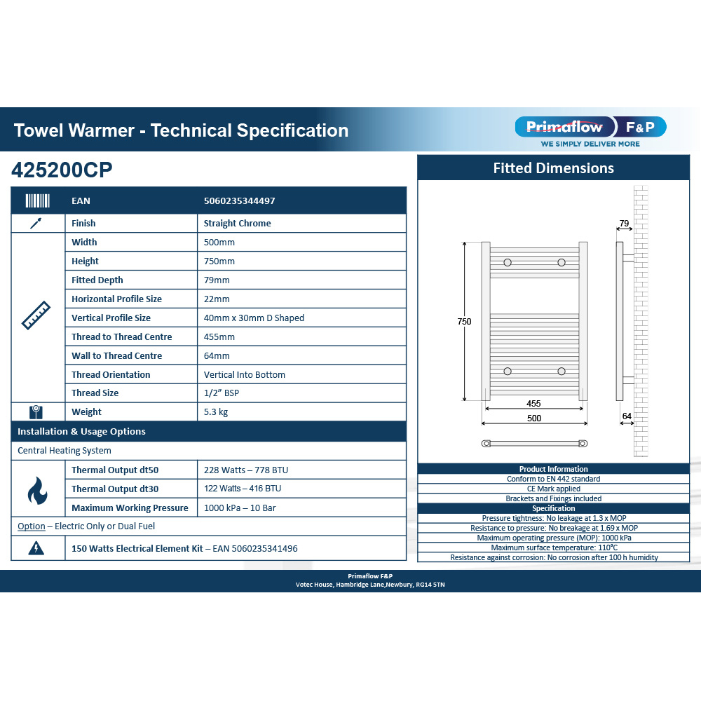 Prorad 2 Chrome Straight Towel Rail 500 x 750mm Image 2