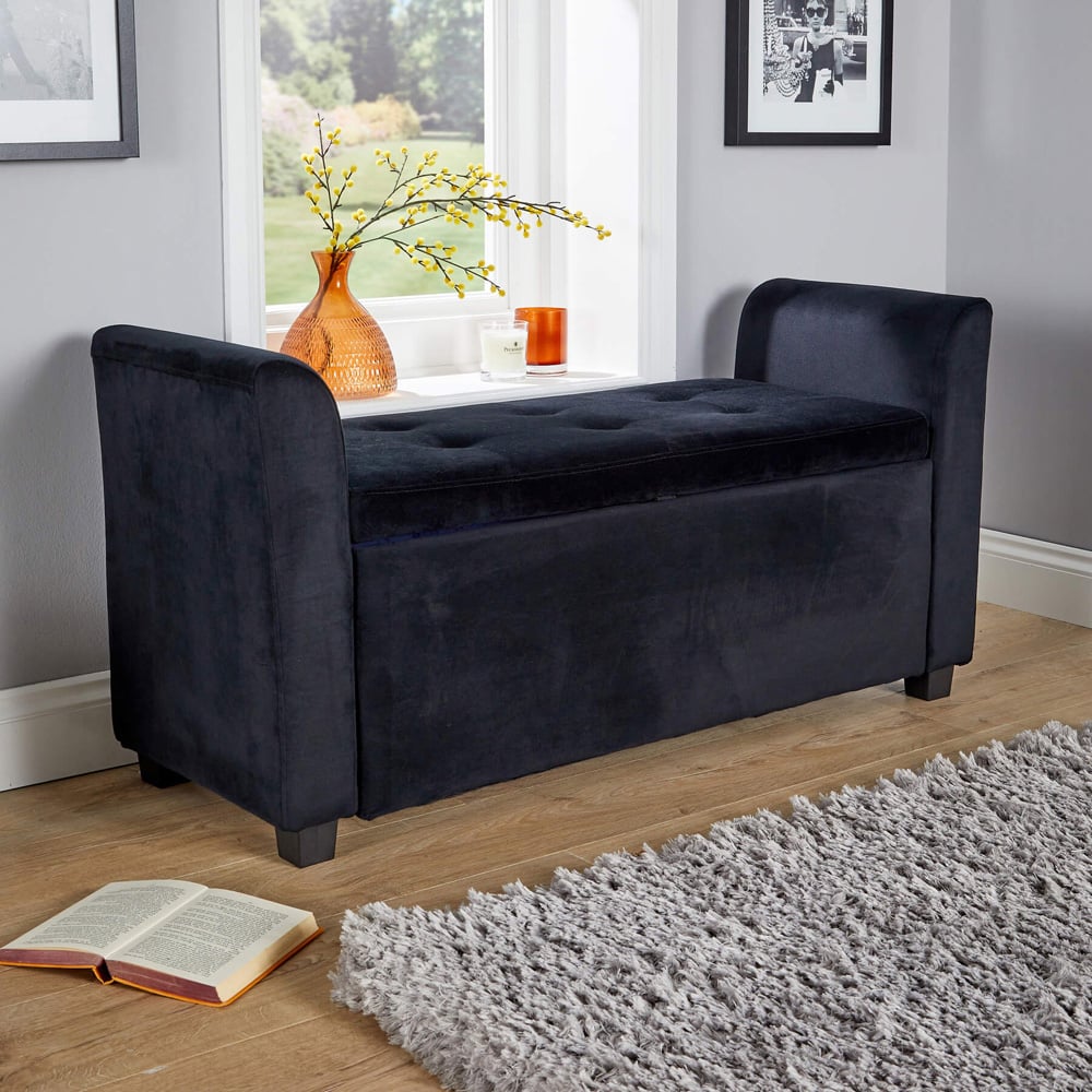 Home Source Verona Black Velvet Sleigh Style Window Seat with Storage Image 5