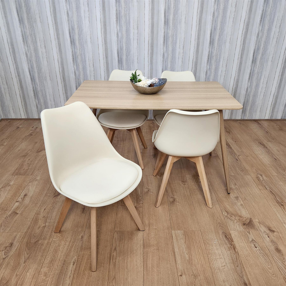 Portland 4 Seater Plastic and Leather Dining Set Wood Effect and Cream Image 5
