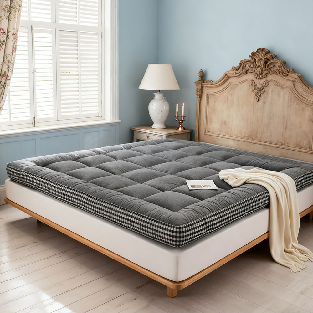 Living and Home Single Grey Solid and Plaid Quilted Mattress Topper Image 2