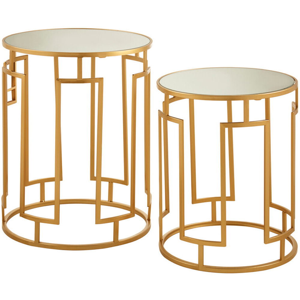Premier Housewares Avantis Gold Openwork Design Mirrored Top Round Side Table Set of 2 Image 2