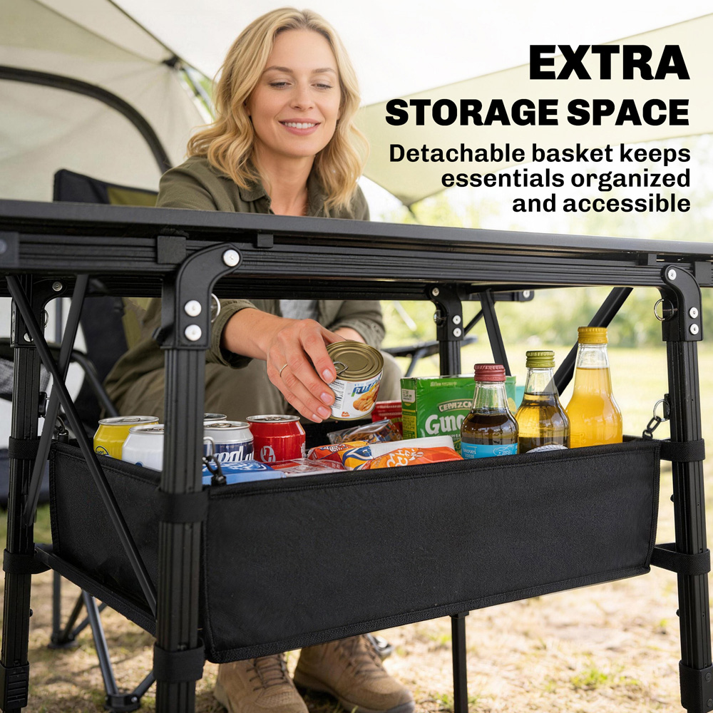 Outsunny 3ft Black Height Adjustable Foldable Camping Table with Storage Basket Image 5