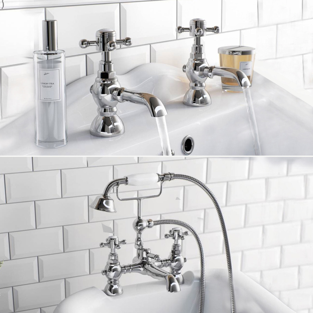 Nes Home Churchill Chrome Bath Shower Mixer and Twin Hot and Cold Basin Taps Image 2