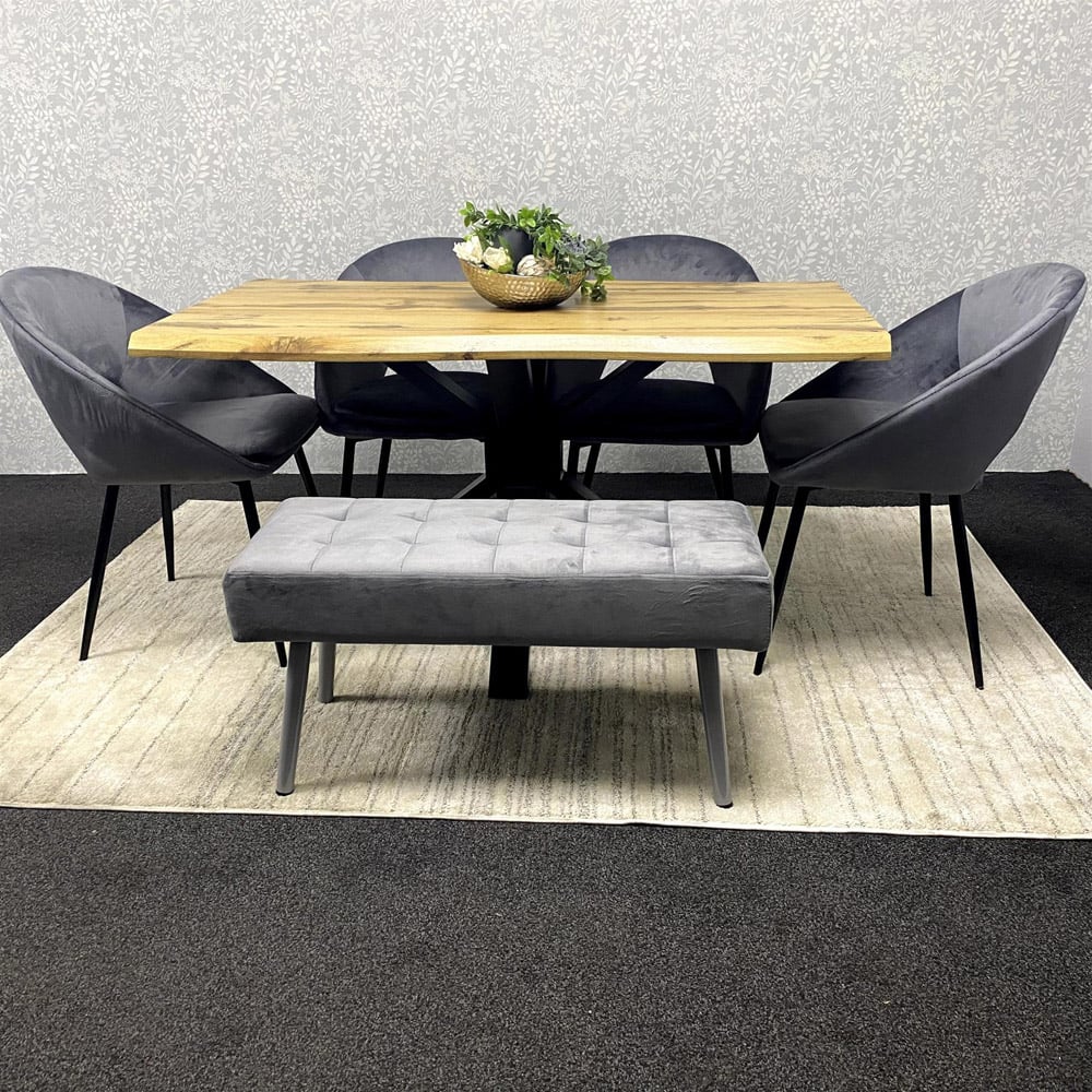 Kosy Koala 6 Seater Wood and Velvet Dining Table Set with Bench Grey Image 6