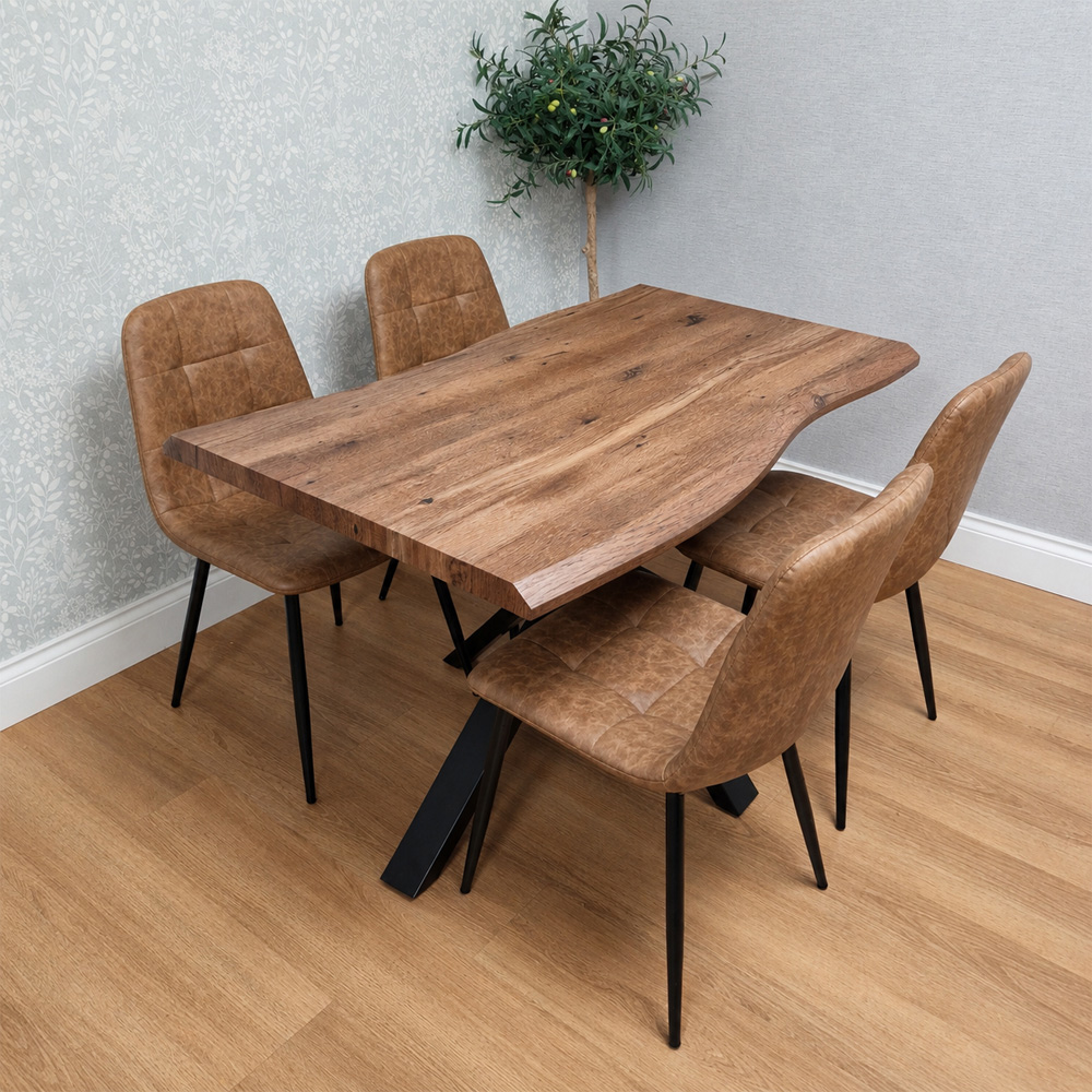 Kosy Koala 4 Seater Wooden Effect Faux Leather Dining Set Rustic Brown Image 1