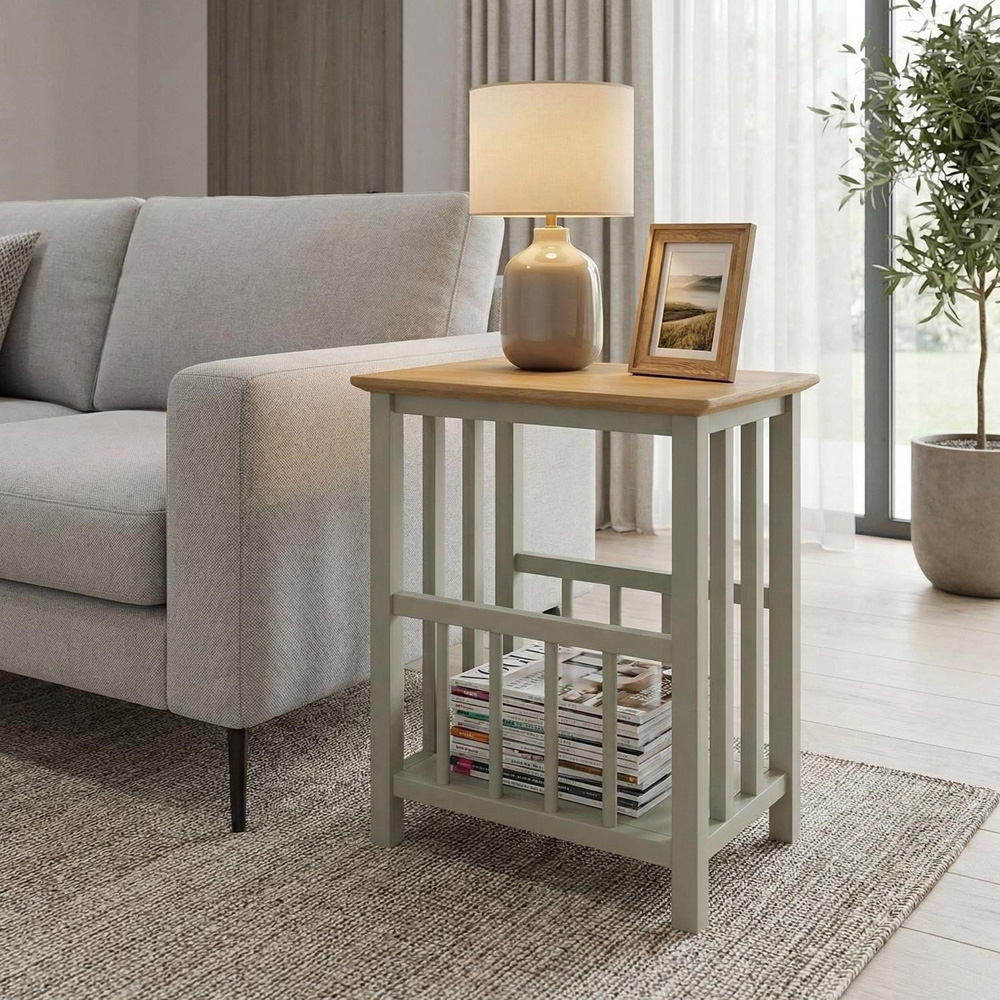 FWStyle Taberno Sage Green and Oak Magazine Rack Table Image 2