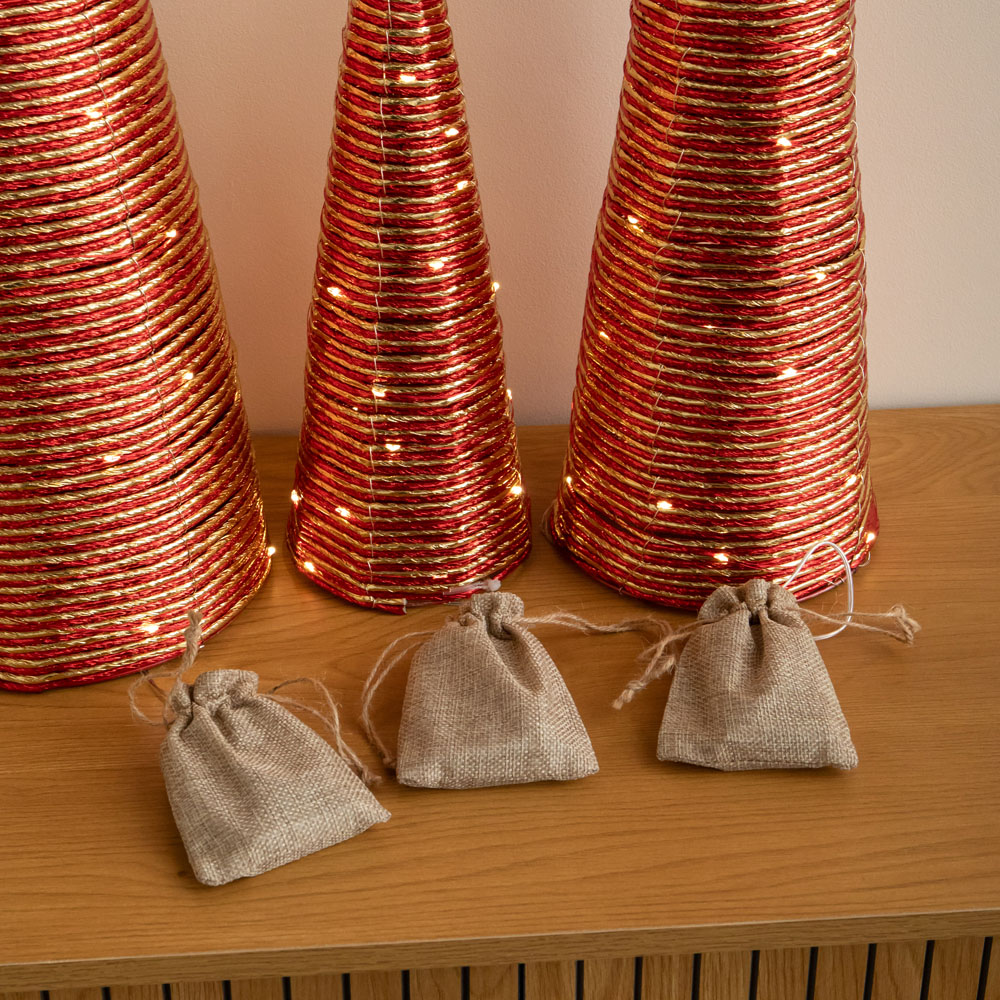 Samuel Alexander 120 Warm White LED Red and Gold Braid Christmas Cone Tree with Timer Set of 3 Image 5