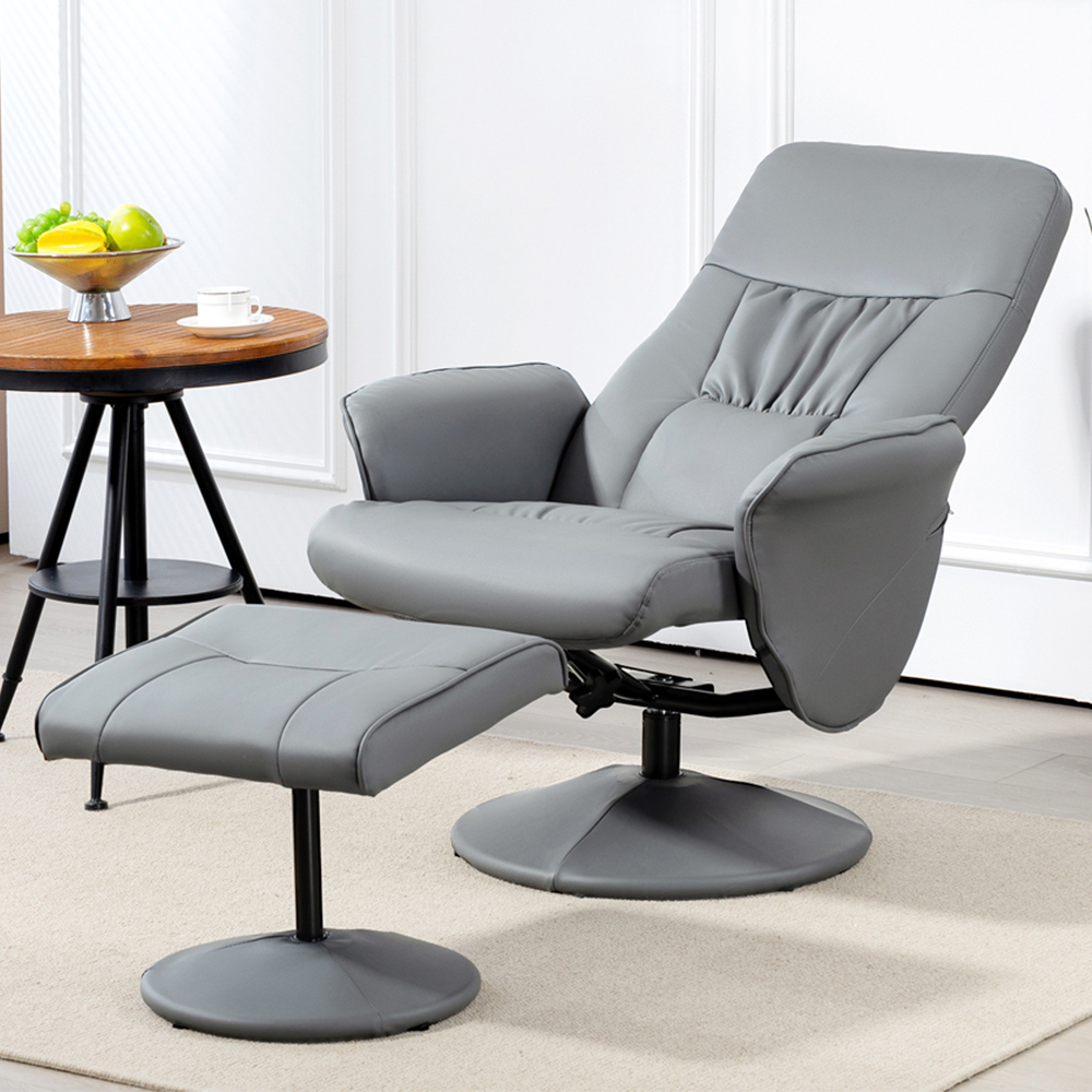 Portland Light Grey PU Leather Armchair with Footrest Image 1