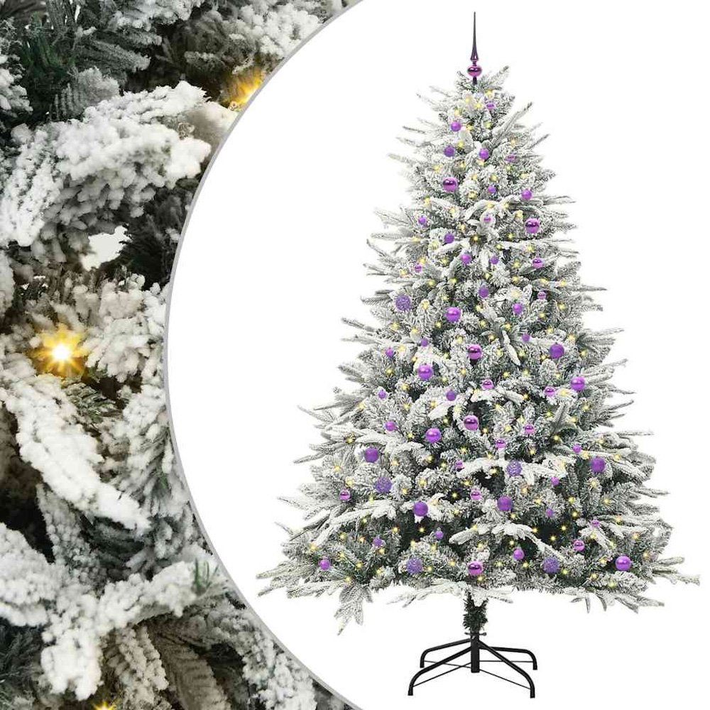 vidaXL 300 LED Pre-Lit Lilac Baubles Green Artificial Snow Flocked Christmas Tree 8ft Image 2
