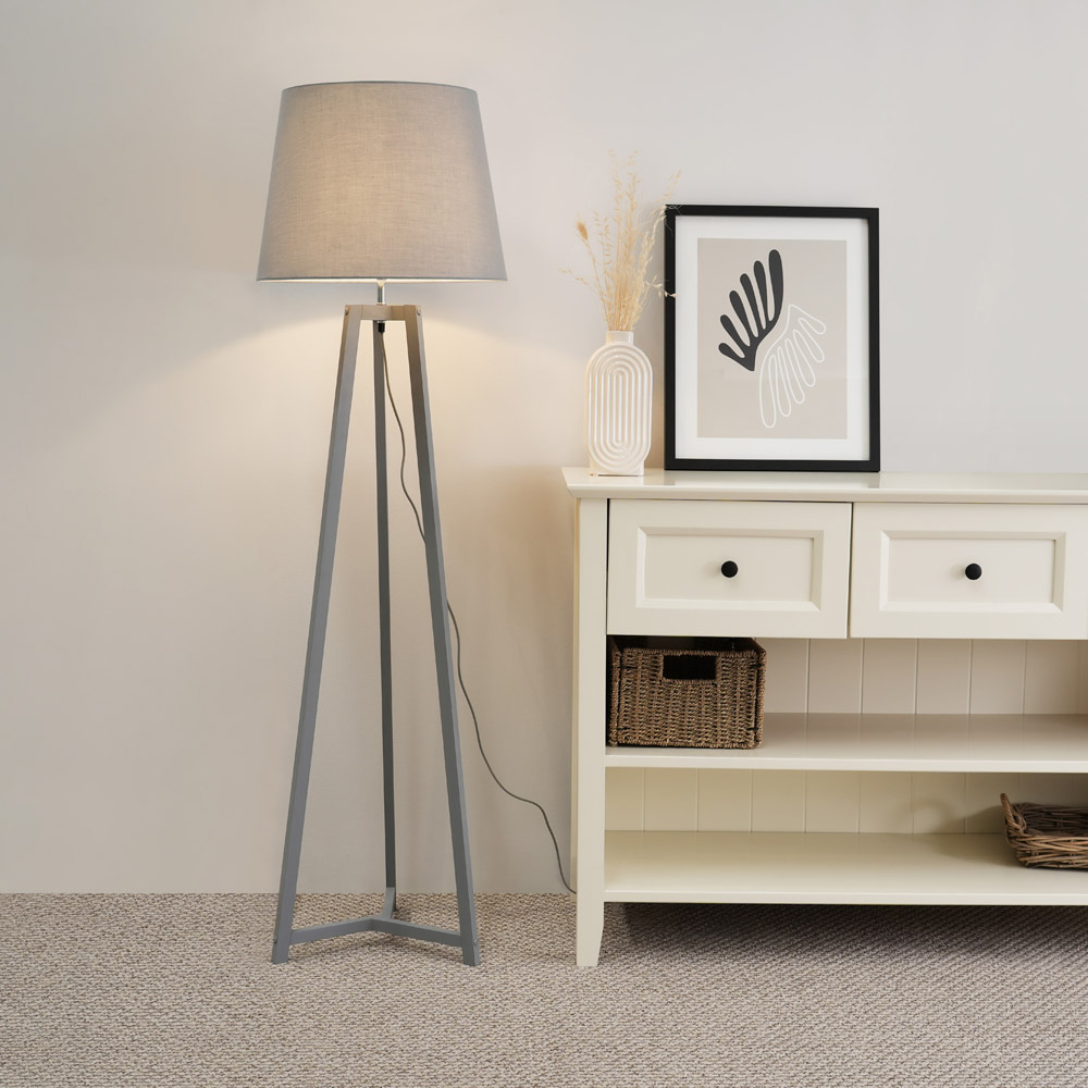 ValueLights Lottie Grey Fabric Tapered Shade Grey Wood Tripod LED Floor Lamp Image 2