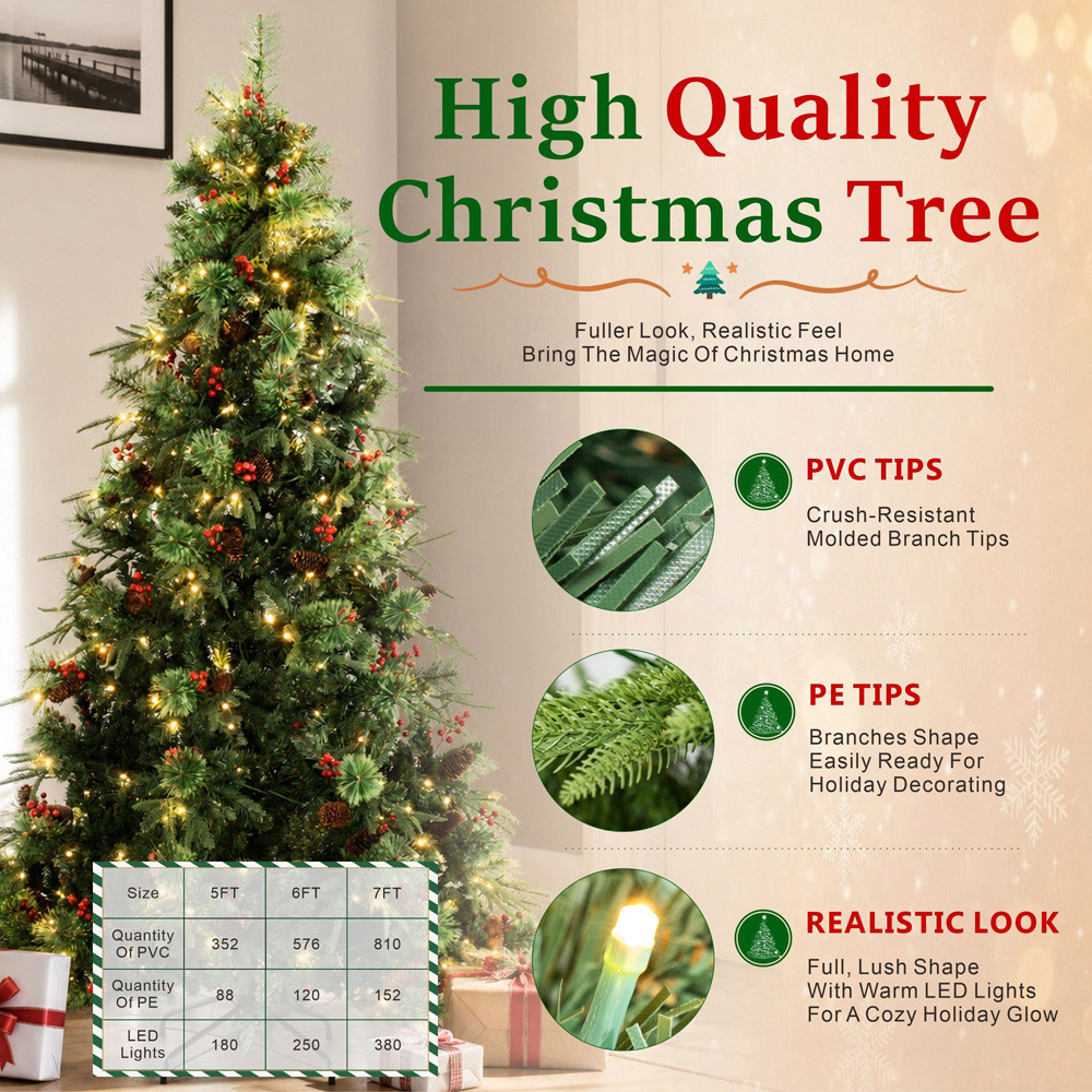 Abrihome 180 Warm White LED Pre-Lit Artificial Christmas Tree with Berries and Pinecones 5ft Image 7