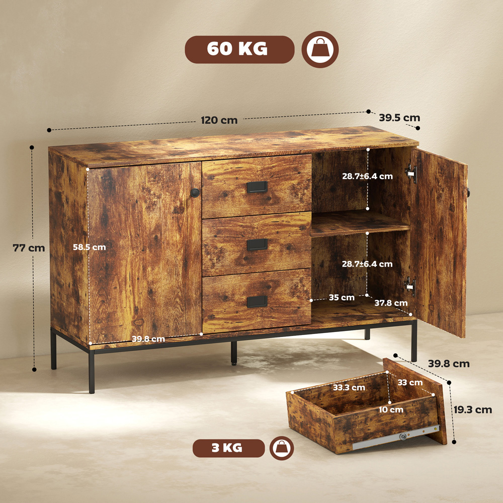 HOMCOM 3 Drawer 2 Door Rustic Brown Modern Storage Cabinet Image 9