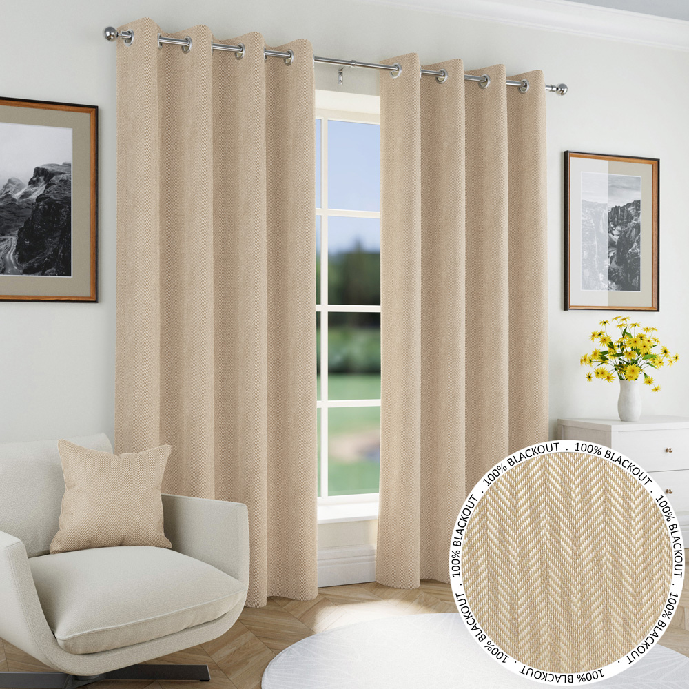 Enhanced Living Natural Herringbone Blackout Eyelet Thermal Curtains 117 x 137cm Image 1