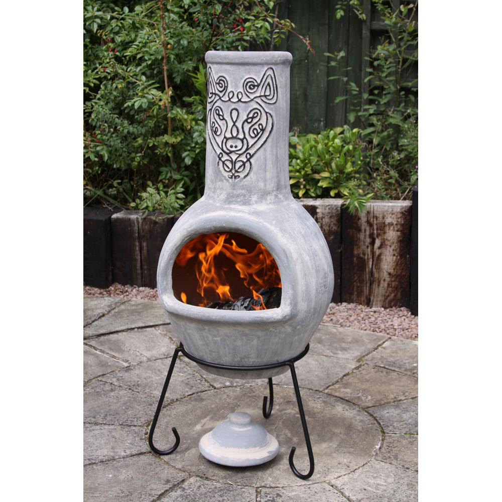 Gardeco Wulfryc Celtic Theme Wolf Grey Mexican Chimenea with Stand and Lid Image 4