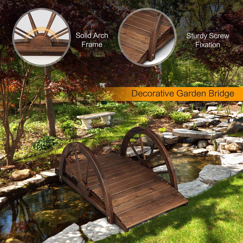 Costway Rustic Brown Wooden Garden Bridge with Half Wheel Railings Image 5