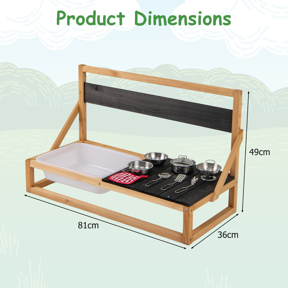 Costway Kids Natural Fir Wood Kitchen Play Set with Hanging Hooks and Blackboard Image 7