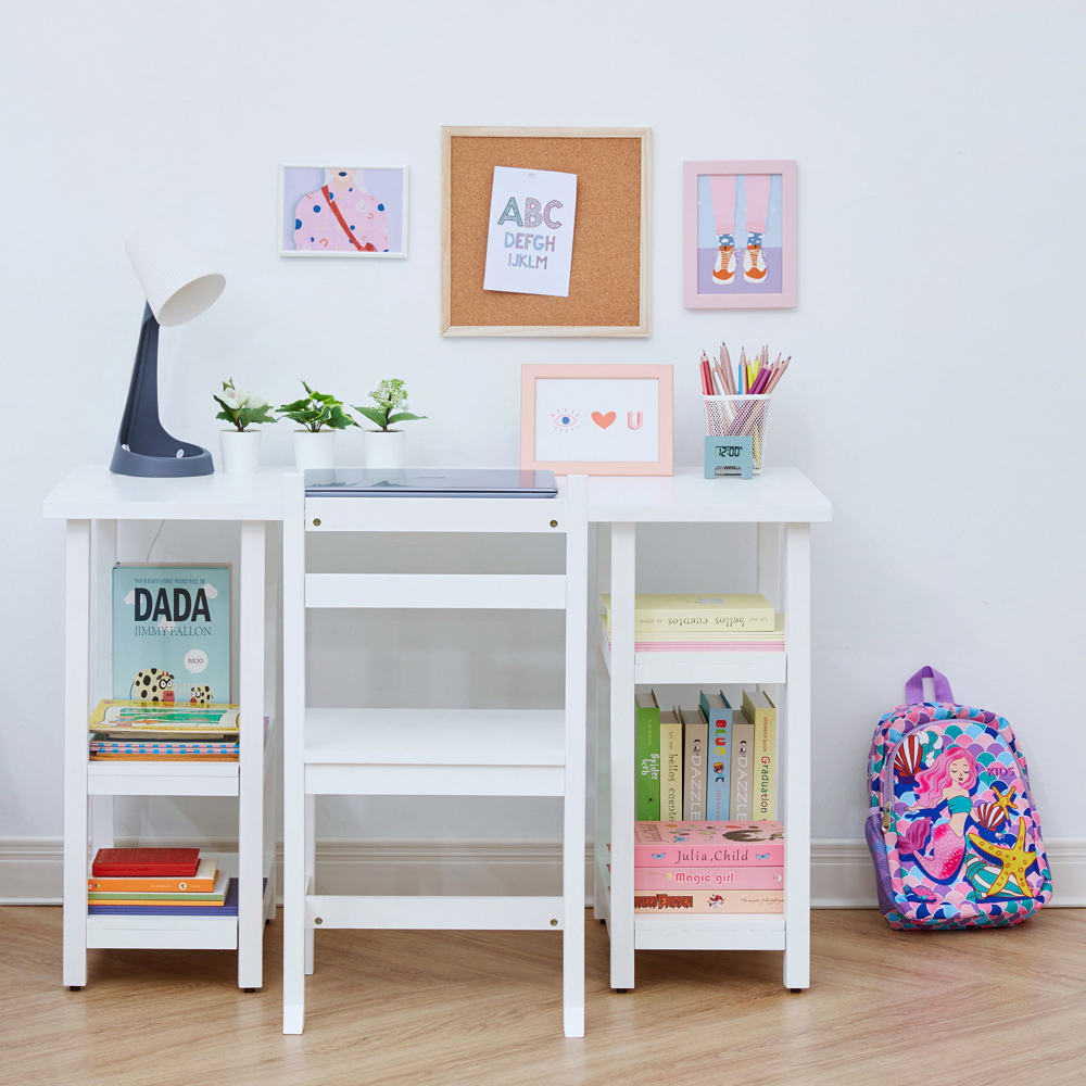 Teamson Kids 4 Shelf White Wooden Desk and Chairs Set Image 8