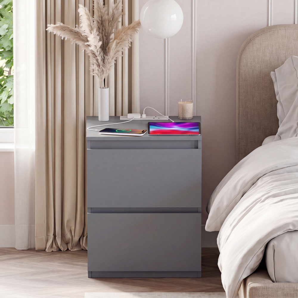 VIDA DESIGNS Denver 2 Drawer Grey Large Bedside Chest with Power Outlet Image 3