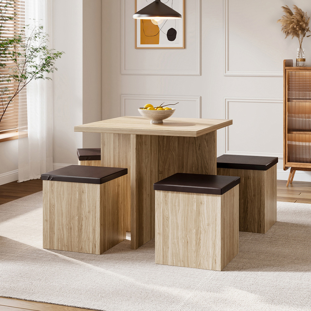 Living and Home 4 Seater Natural Wood Table & Storage Stool Set Image 7