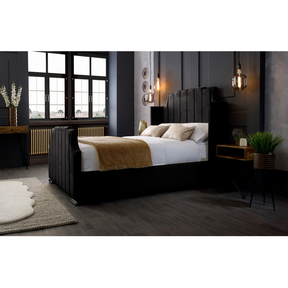 Eleganza Home Nelly King Size Black Plush Velvet Bed Frame with Winged Headboard Image 3