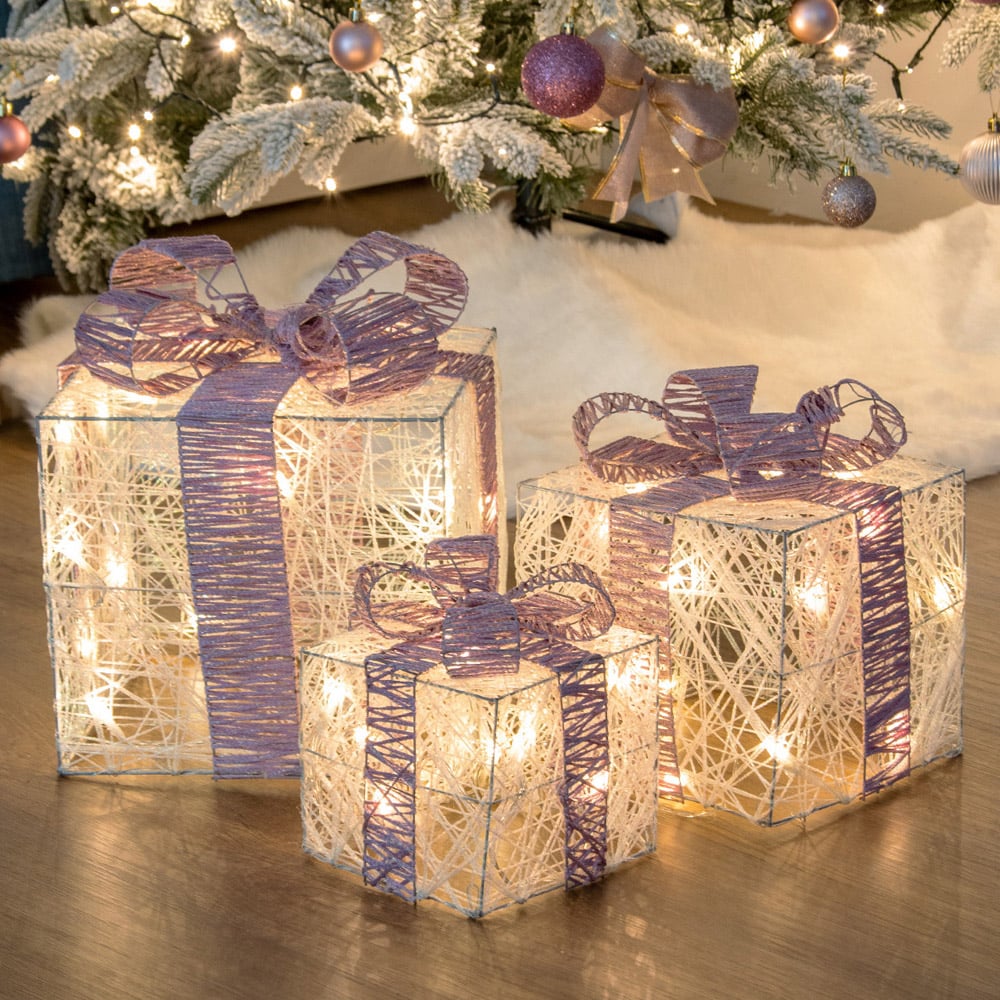 The Christmas Workshop Set Of 3 LED White Light Up Gift Box with Pink Bow Image 4