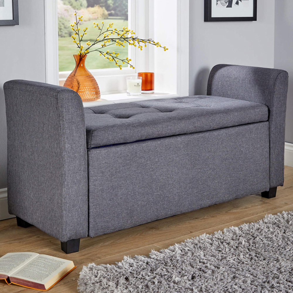 Home Source Verona Charcoal Grey Sleigh Style Window Seat with Storage Image 1