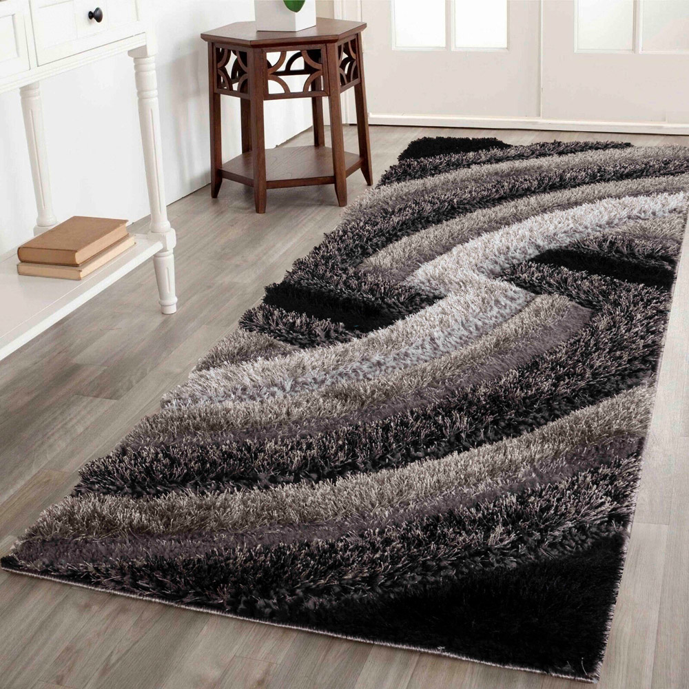 Desire Rug Modern Grey Swirl Shimmer Soft Shaggy Area Rug 60 x 220cm Image 2