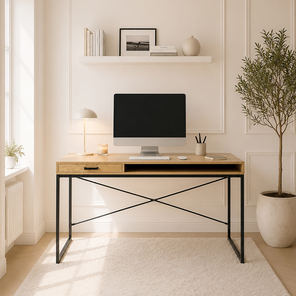Florence Seaford Single Drawer Single Shelf Office Desk Black and Oak Image 7