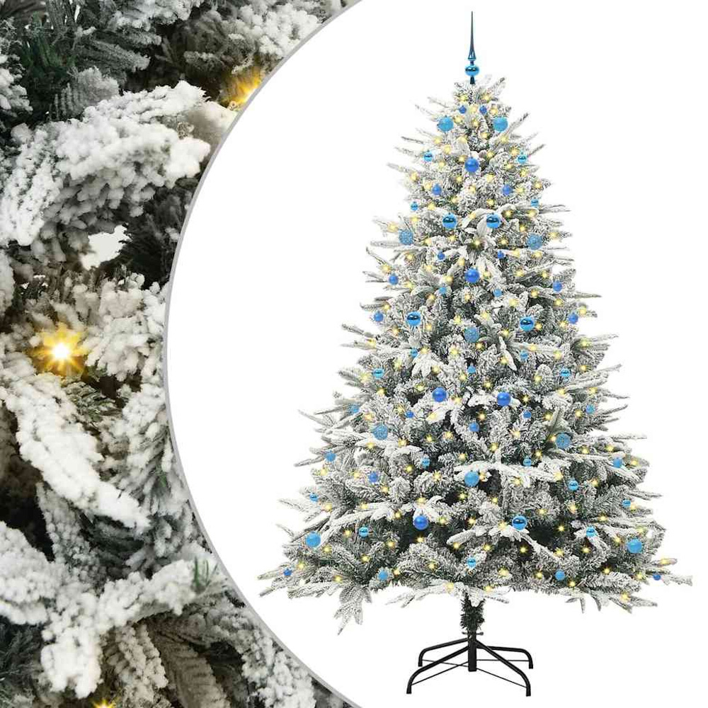 vidaXL 300 LED Pre-Lit Blue Baubles Green Artificial Snow Flocked Christmas Tree 8ft Image 2