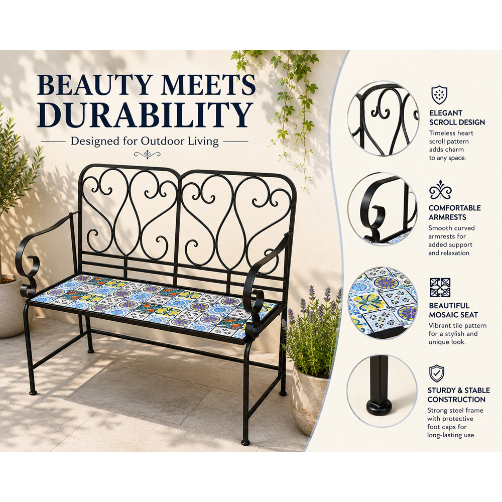 Shatchi Lisbon Mosaic 2 Seater Garden Bench Image 9
