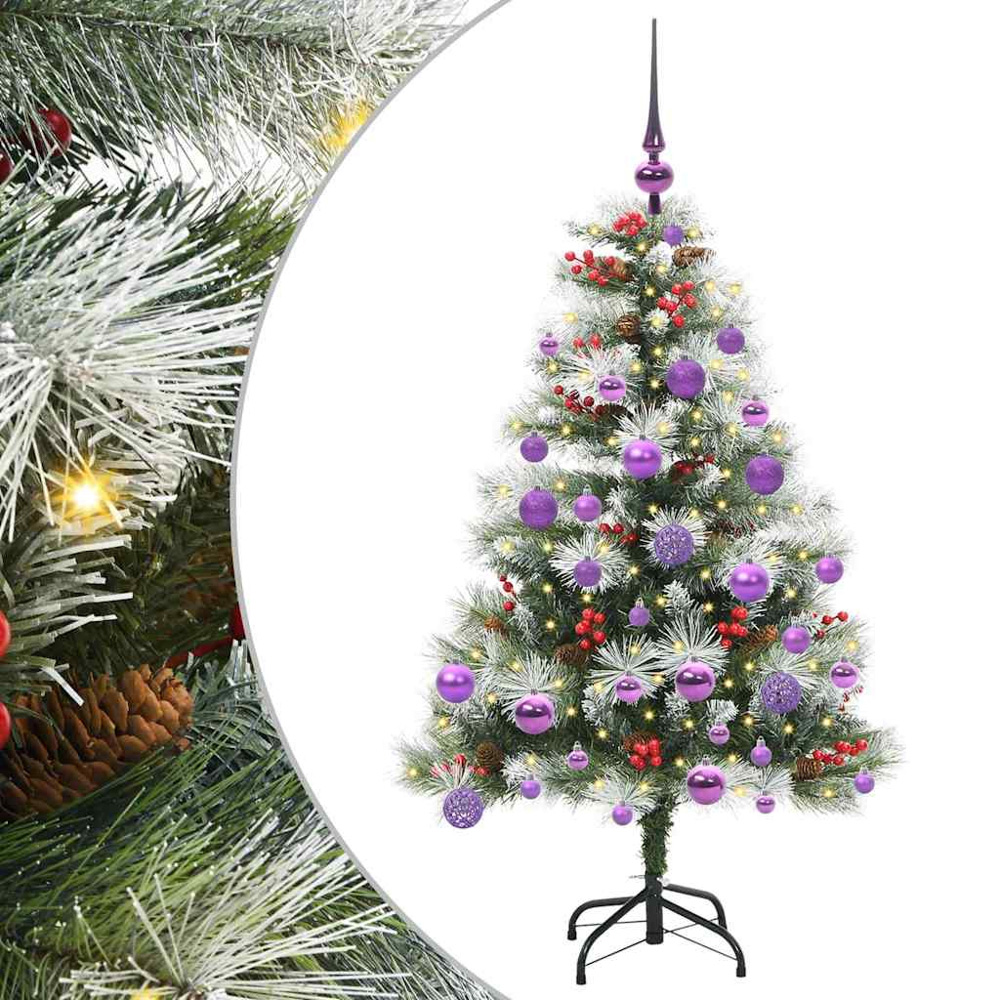 vidaXL Pre-Lit Lilac Baubles Green Artificial Snow Flocked Christmas Tree 4ft Image 2