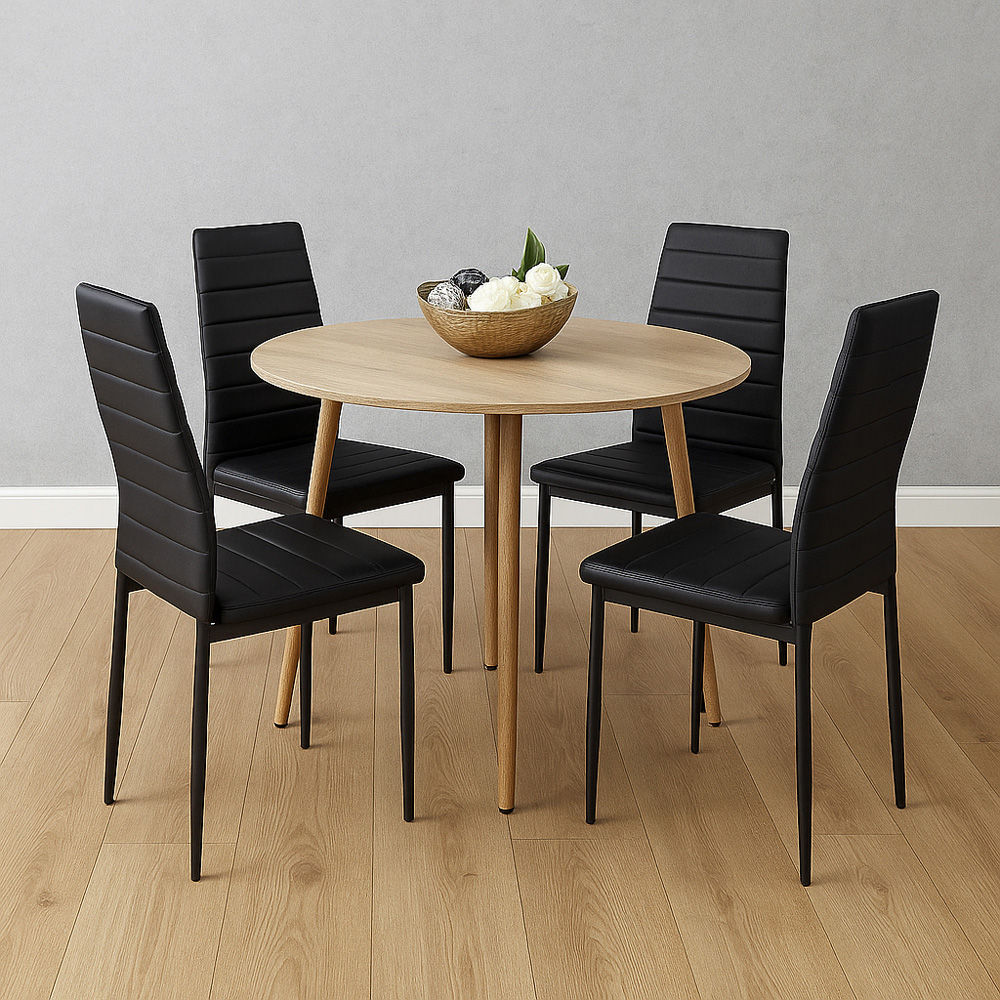 Kosy Koala 4 Seater Round Faux Leather Wooden Dining Set Black Image 6