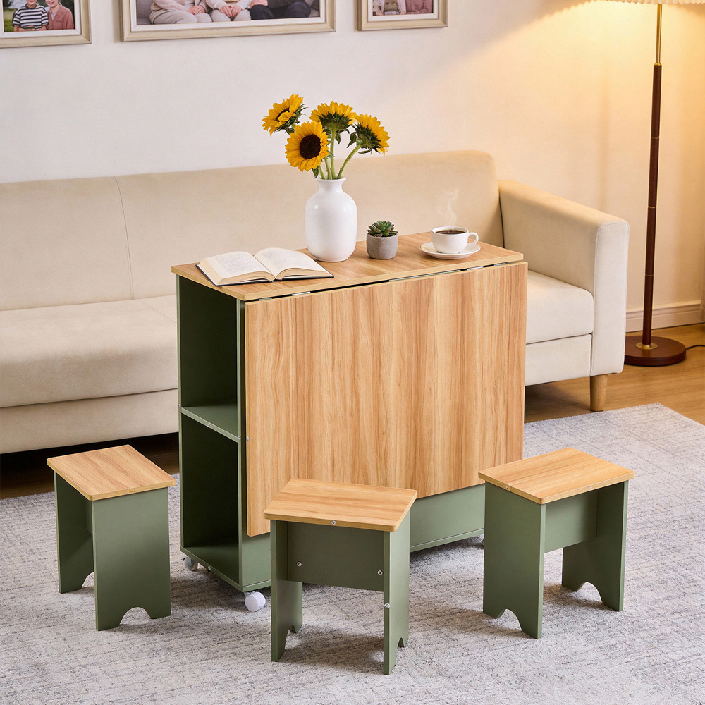 Living and Home 4 Seater Drop-Leaf Dining Table and Stool Set Green and Natural Wood Grain Image 8