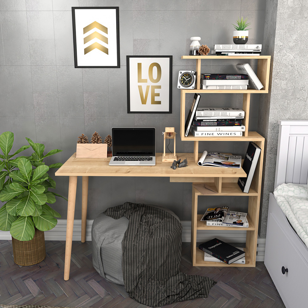Decorotika Vina 7 Shelf Computer Desk with Bookcase Oak Image 4