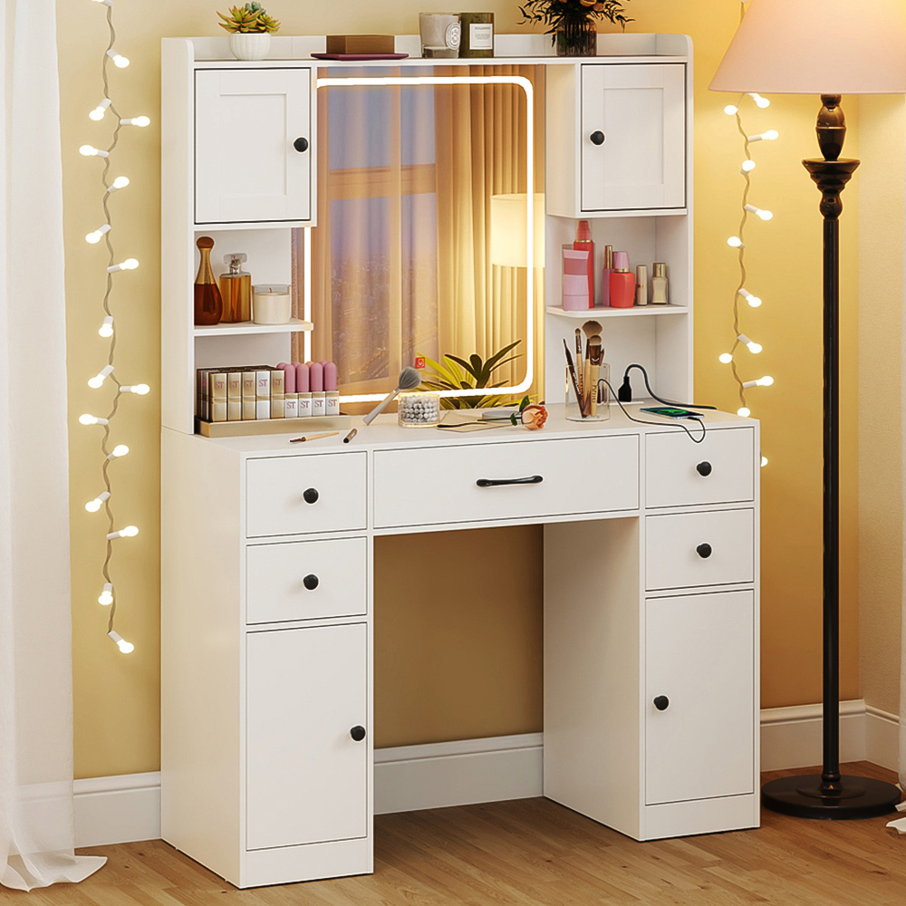 Costway White 5 Drawer 2 Door Makeup Table with LED Mirror Image 1