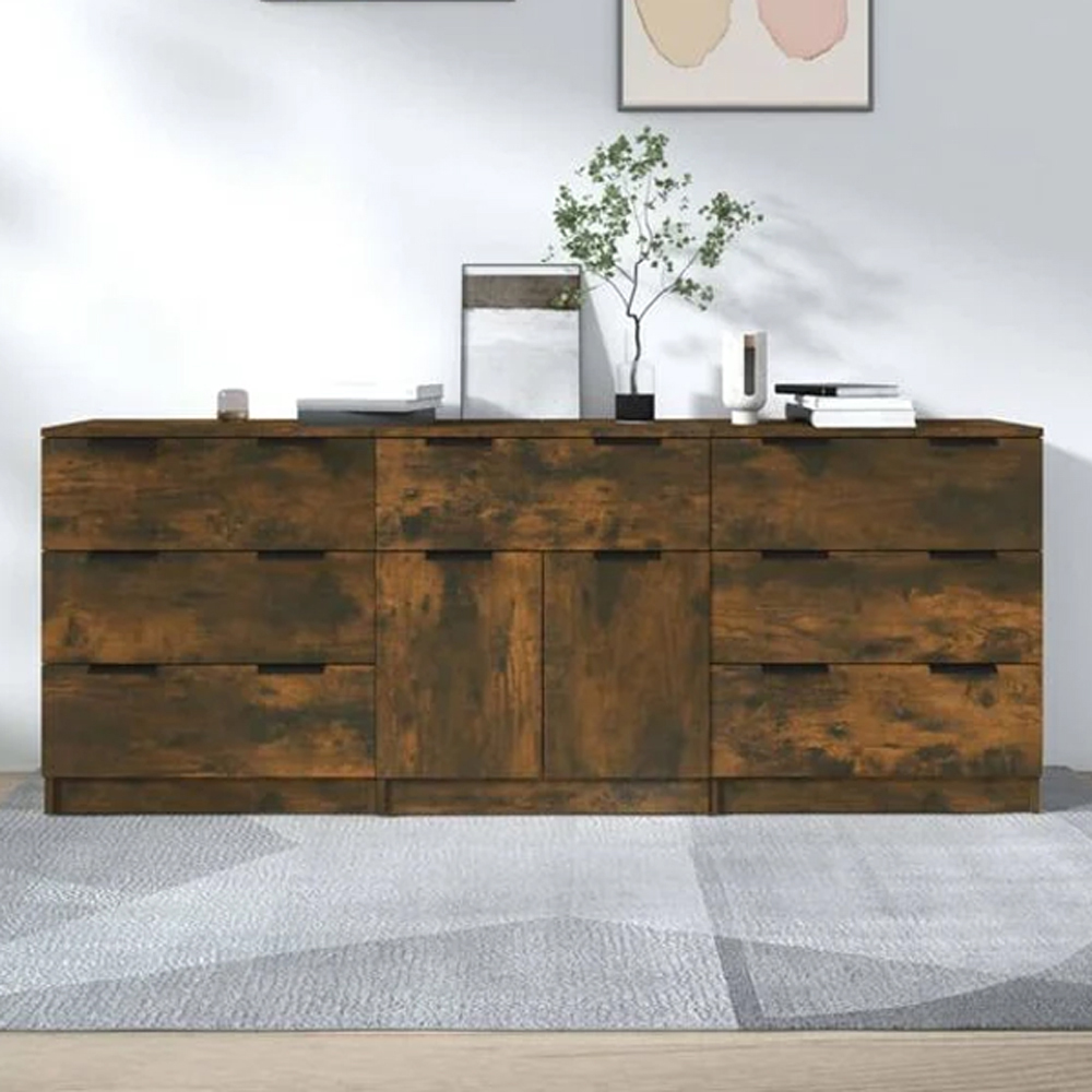 vidaXL 2 Door 7 Drawer Smoked Oak Sideboard 3 Piece Image 1