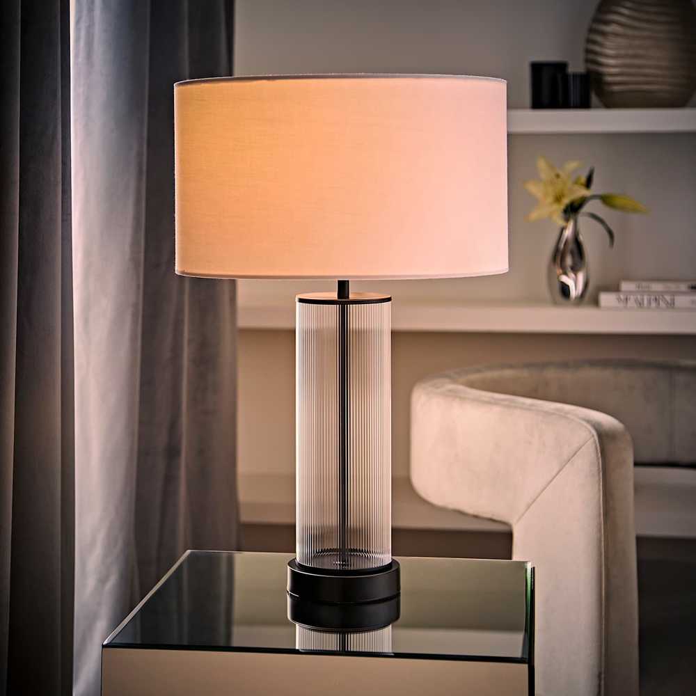 ValueLights Calin White Drum Shade Matte Black Ribbed Glass Table Lamp with Bulb Image 2