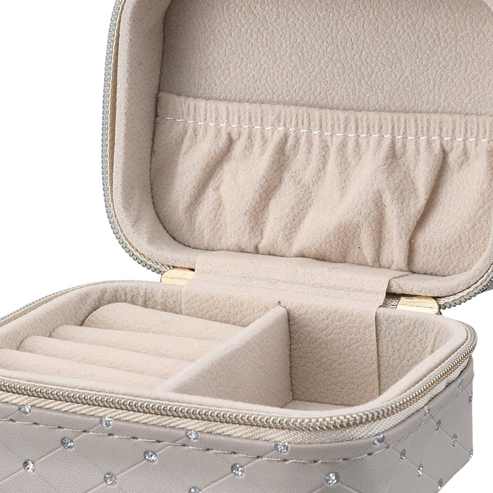 Living and Home Grey PU Leather Rhinestone Detailing Travel Jewellery Box Image 6